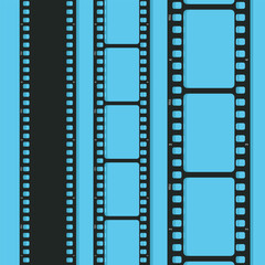 Movie long film strip set on blue background. Film strip template. Cinema and filmmaking concept. Vector illustration