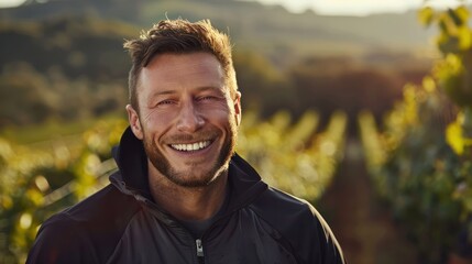 Environmental portrait photography of a grinning man in his 30s wearing a comfortable tracksuit against a vineyard or winery background. Generative AI