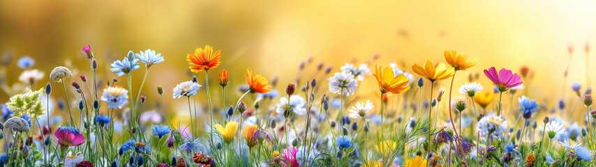 A vibrant field of wildflowers in full bloom against a golden sunrise. Generative AI	