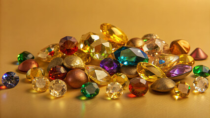 A collection of colorful gemstones of various shapes and sizes are scattered on a golden surface, reflecting light and displaying their vibrant hues