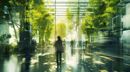 Glass office and working space with blurred people walking fast movement, Eco-friendly featuring sustainable building with green environment and trees, green environment in city, Generative AI