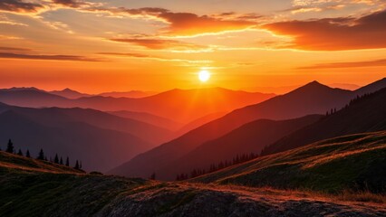 Fototapeta premium Sunsets warm embrace over majestic mountains