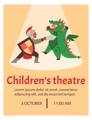 Vector poster of a children's theater show with fairy-tale characters a knight and a dragon