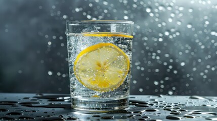 A crystal-clear glass of sparkling water with a lemon slice