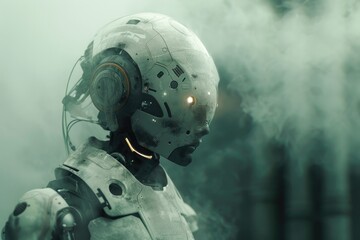 Image of a helmet-wearing robot with glowing red eyes, A robot bathed in a soft, luminescent haze that highlights its intricate design, AI generated