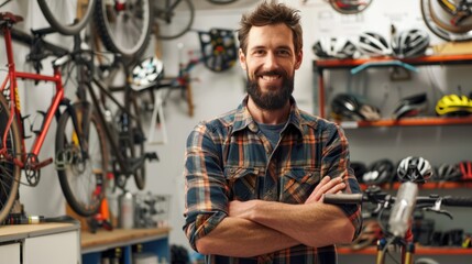 Happy, portrait and repair man in bicycle shop with arms crossed in small business workshop isolated on white background. Generative AI.