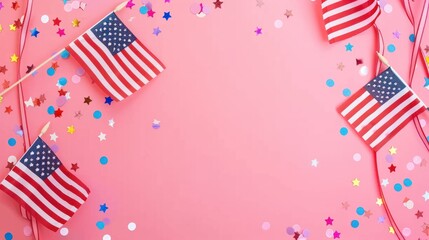 Obraz premium happy presidents day concept grosgrain ribbon american flags,confetti stars on pink background,copy space web banner template for usa independence day or veterans day