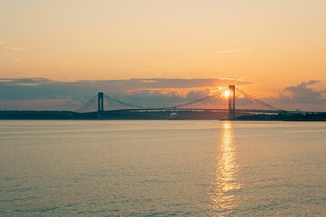 View of the Verrazano-Narrows Bridge at sunset from Bensonhurst Park, Brooklyn, New York