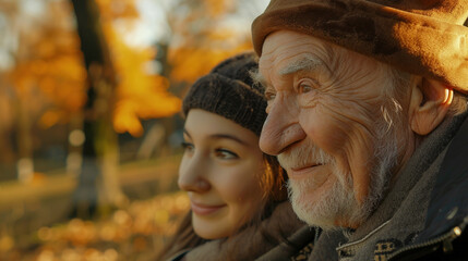 Obraz premium Close-up of an older man, smiling, strolling with his daughter on a sunny autumn day in the park, concept of well-being.