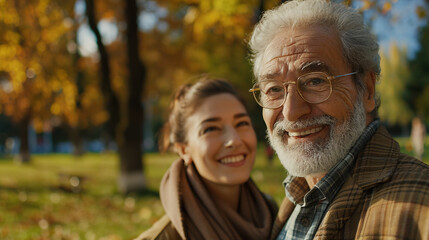 Obraz premium Close-up of a senior man, smiling, enjoying a walk with his daughter on a sunny day in the autumn park, concept of well-being.