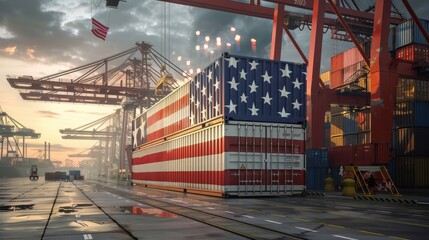 High-resolution image of a giant shipping container docked at a bustling US port vividly painted with the stars and stripes of the USA flag