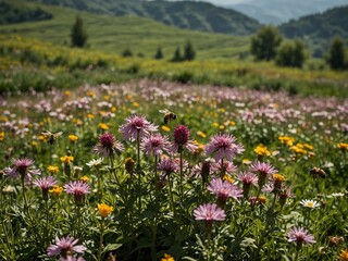 Fototapeta premium In a spring flower field, flowers blooming, bees buzzing, with verdant hills in the background.