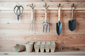 gardening tools hanging on a wooden wall with paper pots