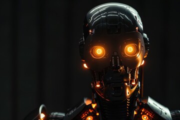 A robot with glowing eyes that seem to pierce through the darkness, A robot with glowing red eyes standing in darkness, AI generated