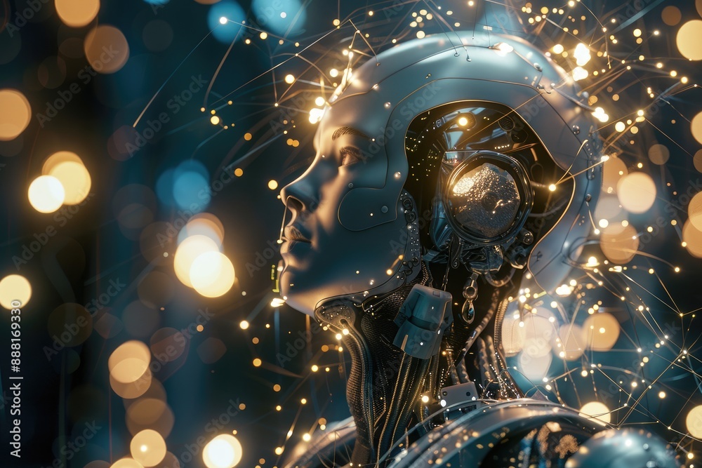 Poster a robot standing in front of a background of lights, a robotic being with a cascading display of shi