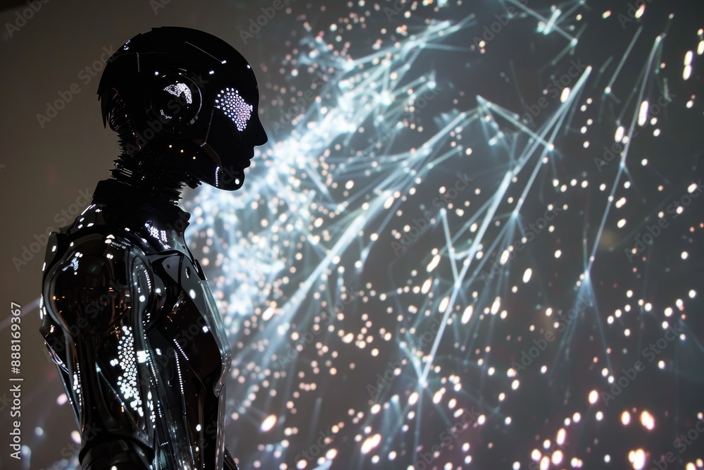 Poster a robot standing in front of a background of lights, a robotic being with a cascading display of shi