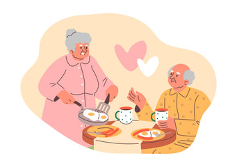 Grandparents enjoying together breakfast, vector cartoon happy elderly woman cooked scrambled eggs with sausages, heart