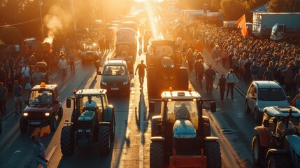 mass gathering with farmers on tractors showing unity and solidarity in protest. a symbol of general discontent and demands for change. Concept: social movements, agricultural policy and civil protest