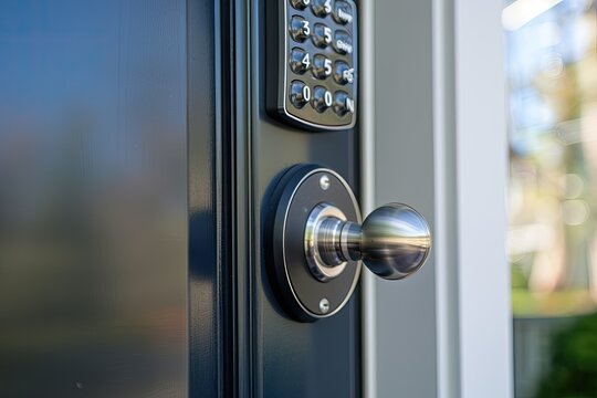 Modern door handle with electronic keypad lock for home security. Focus on knob and lock mechanism. Daytime exterior background.