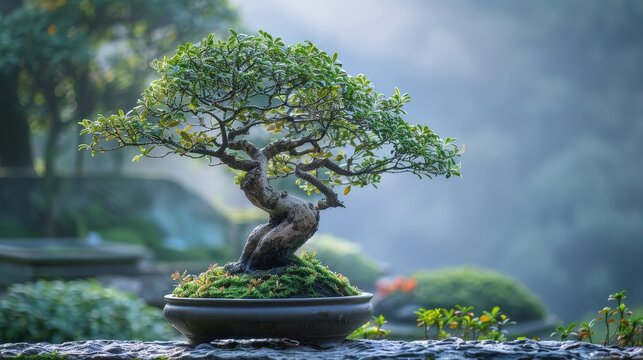Elegant ficus bonsai tree with lush green leaves in a serene garden