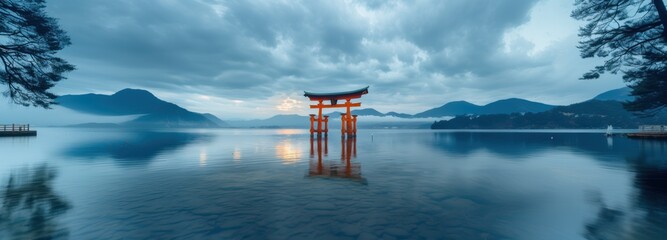 Japan, Itsukushima Shrine, Shinto floating torii orange red gate in the water on the island of Miyajima