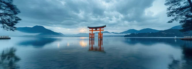 Selbstklebende Fototapeten Japan, Itsukushima Shrine, Shinto floating torii orange red gate in the water on the island of Miyajima © Rawf8