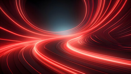 Fototapeta premium Bright red light trails curve dynamically against a dark background.