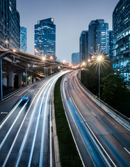Fototapeta premium Bright blue light trails curve from street on digital art concept, Generative AI.