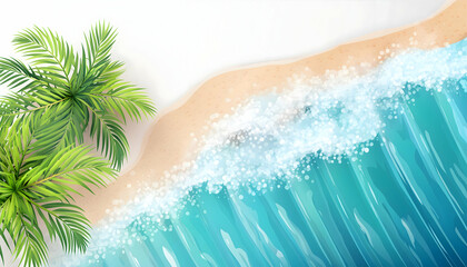 Abstract landscape coconut tree and soft wave sea on watercolor, Generative AI.