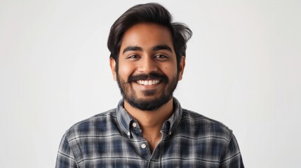 Fototapeta premium portrait of an attractive indian male in his 30s with a beard smile and looking into the camera isolated against a white background