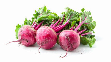 Freshly harvested red beetroots with vibrant green leaves, showcasing their natural color and texture on a white background.