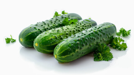 Fresh green cucumbers with water droplets on white background, perfect for culinary and agricultural purposes.