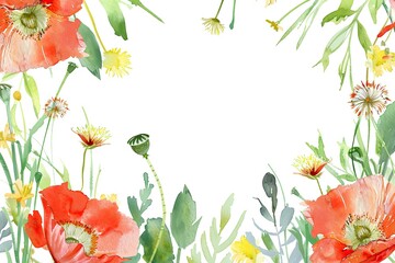 Fototapeta premium Romantic watercolor frame featuring wildflowers including poppies and dandelions with various green leaves