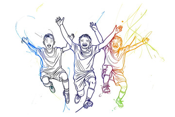 Fototapeta premium Single one line drawing happy children winning the soccer playing. Team work concept. Continuous line draw design graphic vector illustration.