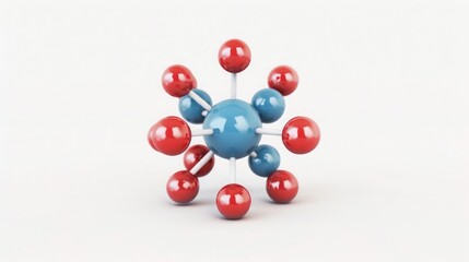 Obraz premium 3D molecular model representation with red and blue spheres connected by rods, showcasing atomic structure on a white background.