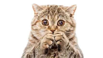 Fototapeta premium Surprised cat covering his mouth with his paws isolated on white background : Generative AI