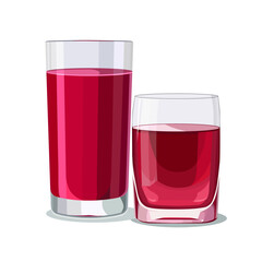 Full glasses of pink juice isolated on white background. Vector illustration in flat style with drink. Clipart for card, banner, flyer, poster design