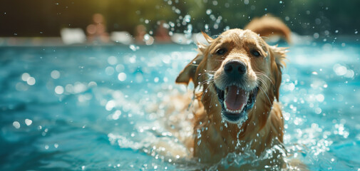 happy golden retriever dog playing and swimming in a bright pool on a warm summer day. copy space