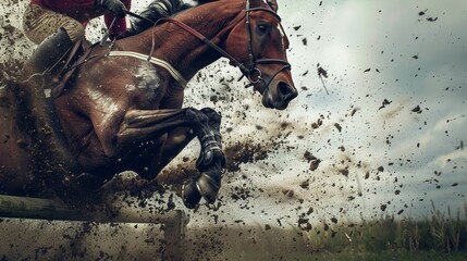 Intense Steeplechase Action: Rider and Horse Clearing Hurdle with Flying Dirt, Ideal for Sports Posters