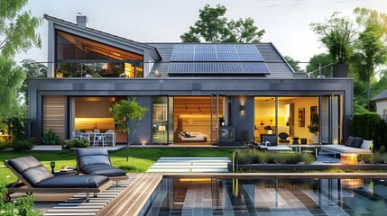 Solar panels on the roof of a beautiful modern home,villa,technology, energy, green energy, electricity, alternative energy