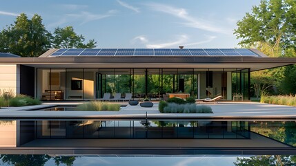 Fototapeta premium Solar panels on the roof of a beautiful modern home,villa,technology, energy, green energy, electricity, alternative energy