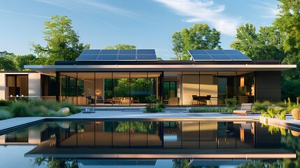 Obraz premium Solar panels on the roof of a beautiful modern home,villa,technology, energy, green energy, electricity, alternative energy