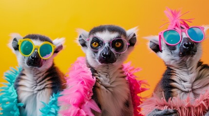 Fototapeta premium Festive Lemur Gathering: Quirky Fashion in Vivid Hues for Themed Party Invitations, AI-Generated Bright Backdrop, Perfect for Business Ads and Celebratory Banners, 4K High-Definition Wallpaper