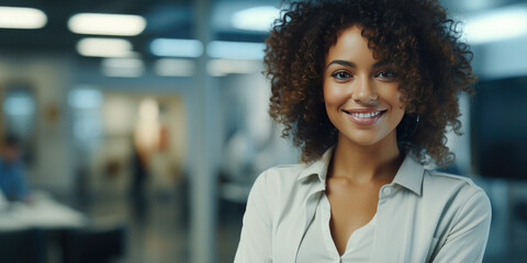 Obraz premium Portrait of a young, promising, business-like, confident, smiling black woman. Successful entrepreneur, with leadership qualities, wearing an elegant suit, standing in the office with her arms crossed