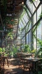 Fototapeta premium Urban Greenhouse Café with Lush Plants and Panoramic Cityscape View for Relaxation and Inspiration