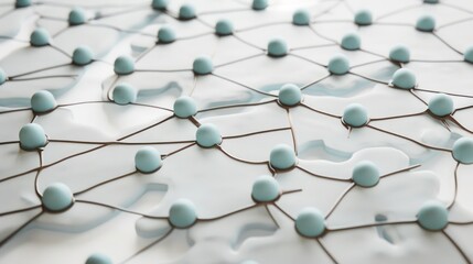 Obraz premium zure dots linked by chocolate brown lines on a cloud grey canvas, upper center reserved for text