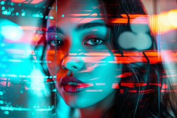 A close-up portrait of a woman with digital glitches and neon overlays in vibrant blue and red hues, capturing the essence of deepfake technology.