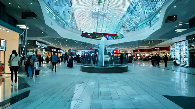 A bustling shopping mall with shoppers moving between stores, vibrant displays, and promotional banners.