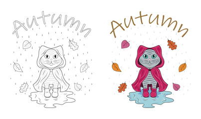 Drawing of a cute kitten in a raincoat in the rain, autumn coloring page.