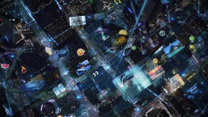 Aerial Overhead view of Modern cityscape at Night with Connections, Emoji and Several Screens. People using Technology and Famous Places. Social Network Application Platform. Influencers. AR. - Powered by Adobe